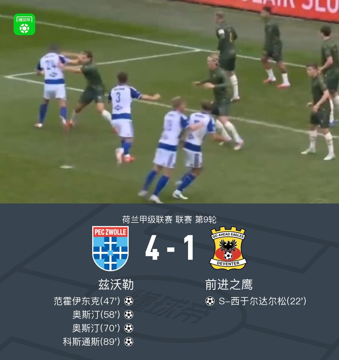 兹沃勒4-1大胜前进之鹰，奥斯汀双响，科斯通斯建功